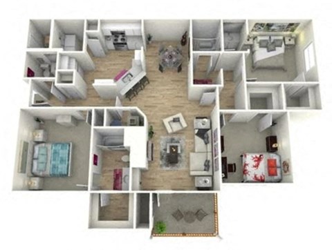 a furnished apartment with four bedrooms and a living room